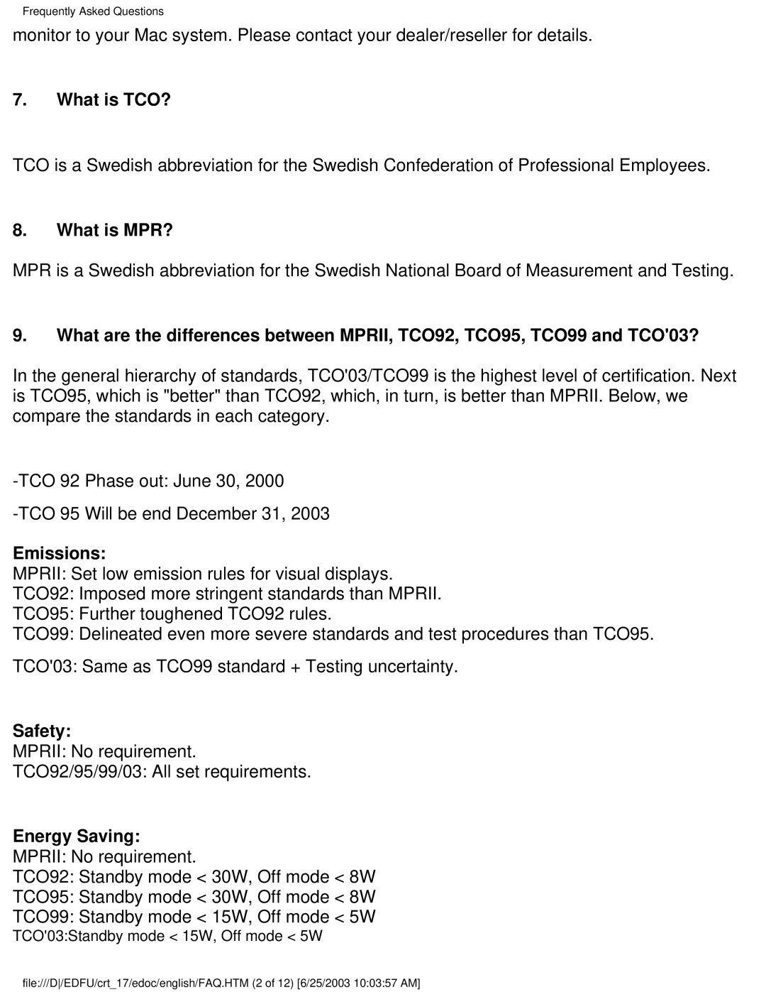 Philips 107P user manual What is TCO?, What is MPR?, Emissions, Safety, Energy Saving 