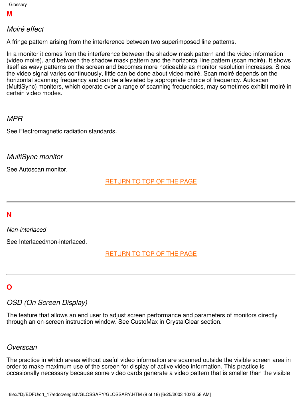 Philips 107P user manual Moiré effect, MultiSync monitor, OSD On Screen Display, Overscan 