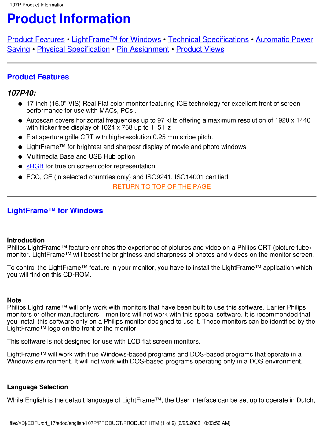 Philips 107P user manual Product Information, Product Features, LightFrame for Windows 