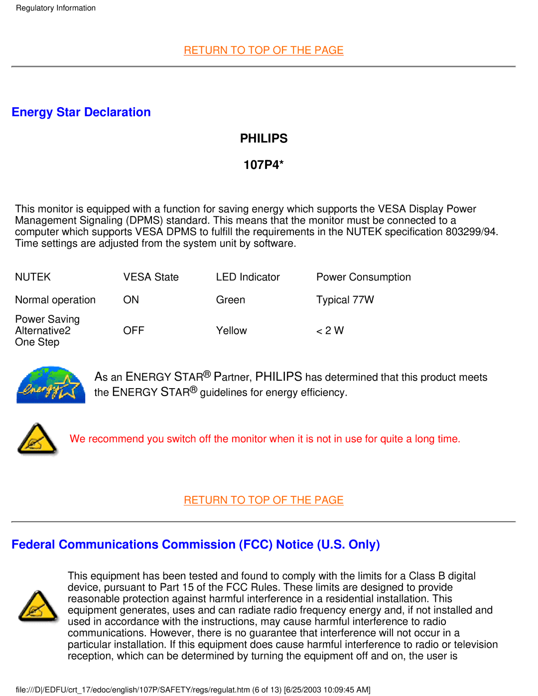 Philips user manual Energy Star Declaration, Philips, 107P4, Federal Communications Commission FCC Notice U.S. Only 