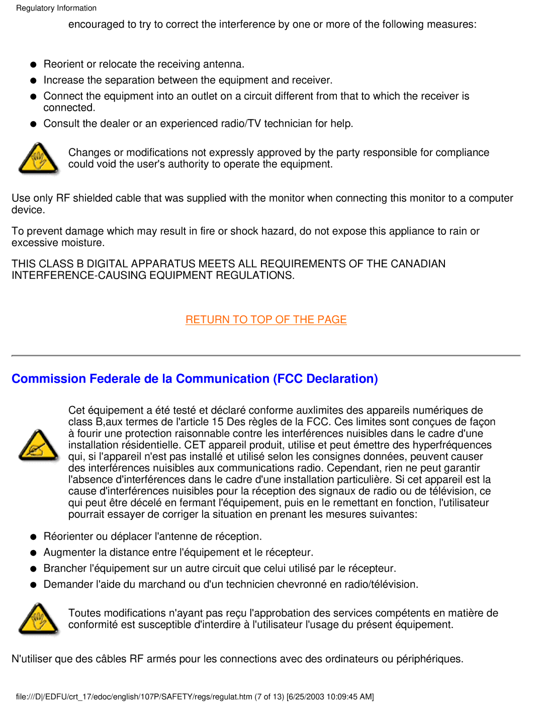 Philips 107P user manual Commission Federale de la Communication FCC Declaration 