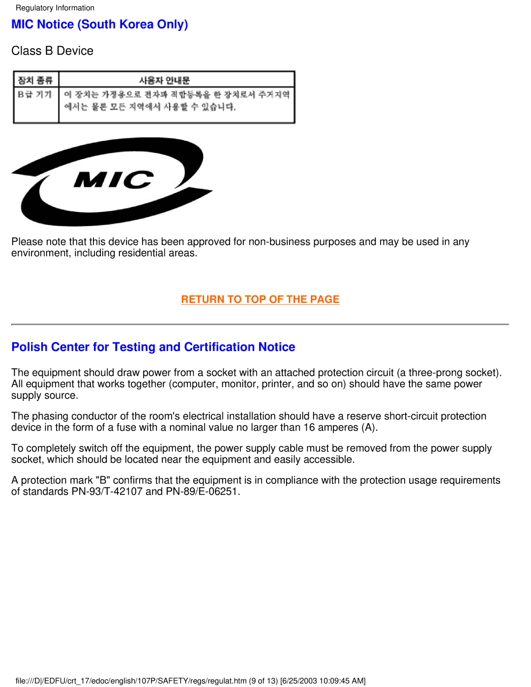 Philips 107P user manual MIC Notice South Korea Only, Polish Center for Testing and Certification Notice 