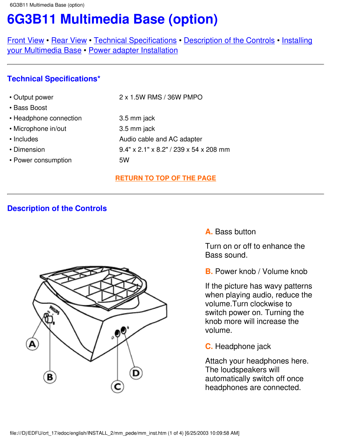 Philips 107P user manual 6G3B11 Multimedia Base option, Description of the Controls 