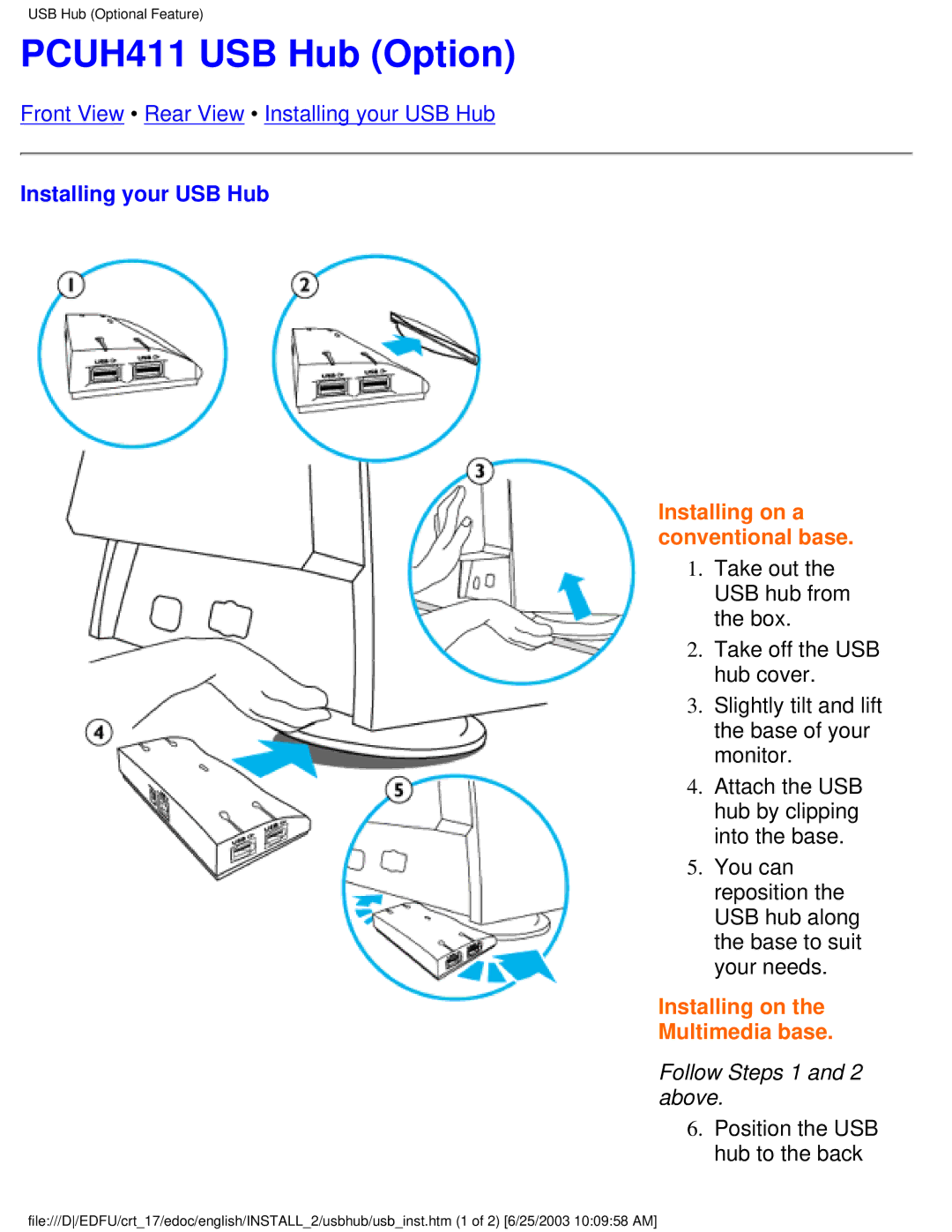 Philips 107P user manual PCUH411 USB Hub Option, Installing your USB Hub, Follow Steps 1 and 2 above 