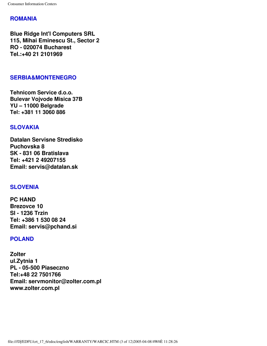 Philips 107Q user manual Romania, Serbia&Montenegro, Slovakia, Slovenia, Poland 