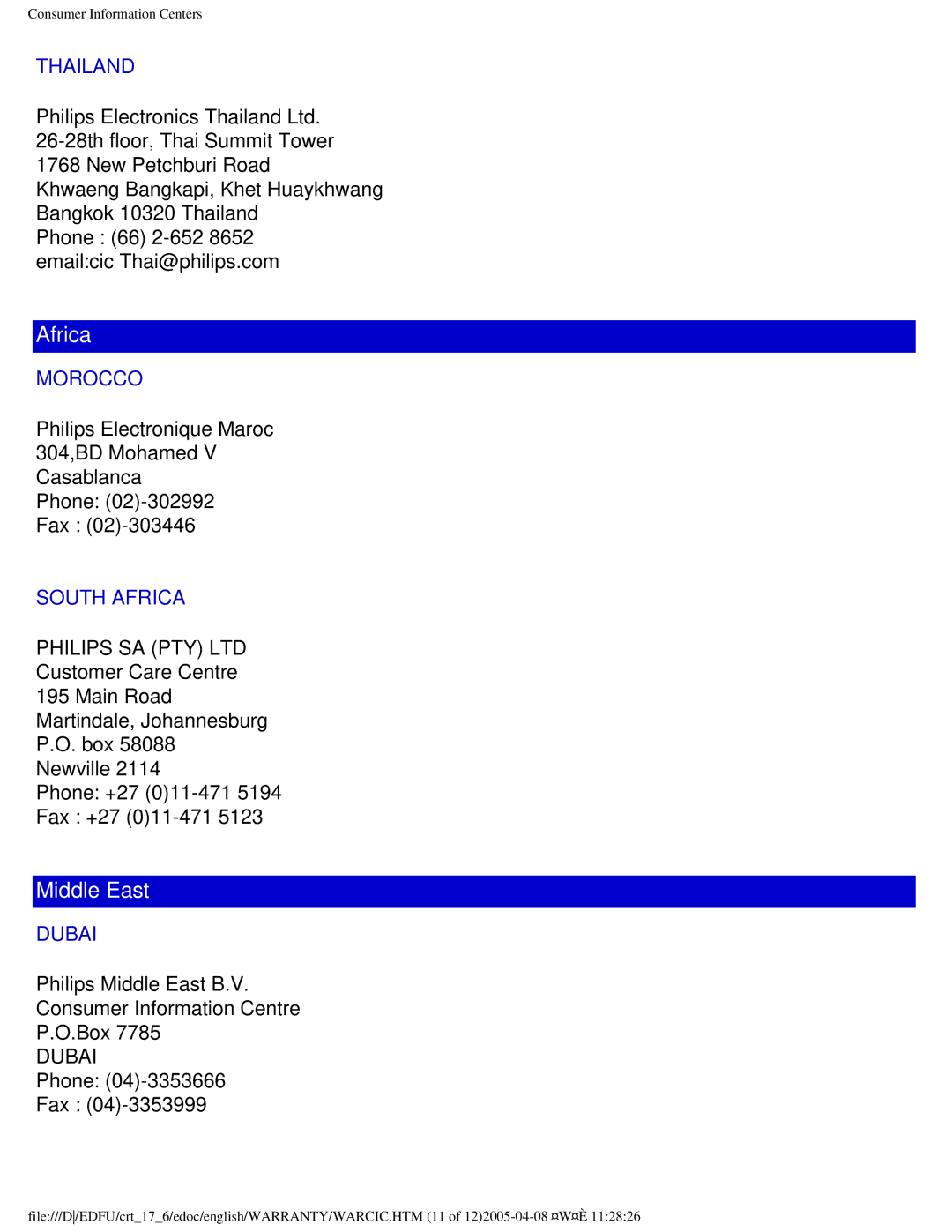 Philips 107Q user manual Thailand, Morocco, South Africa, Dubai 