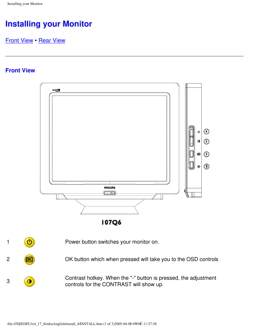 Philips 107Q user manual Installing your Monitor, Front View 