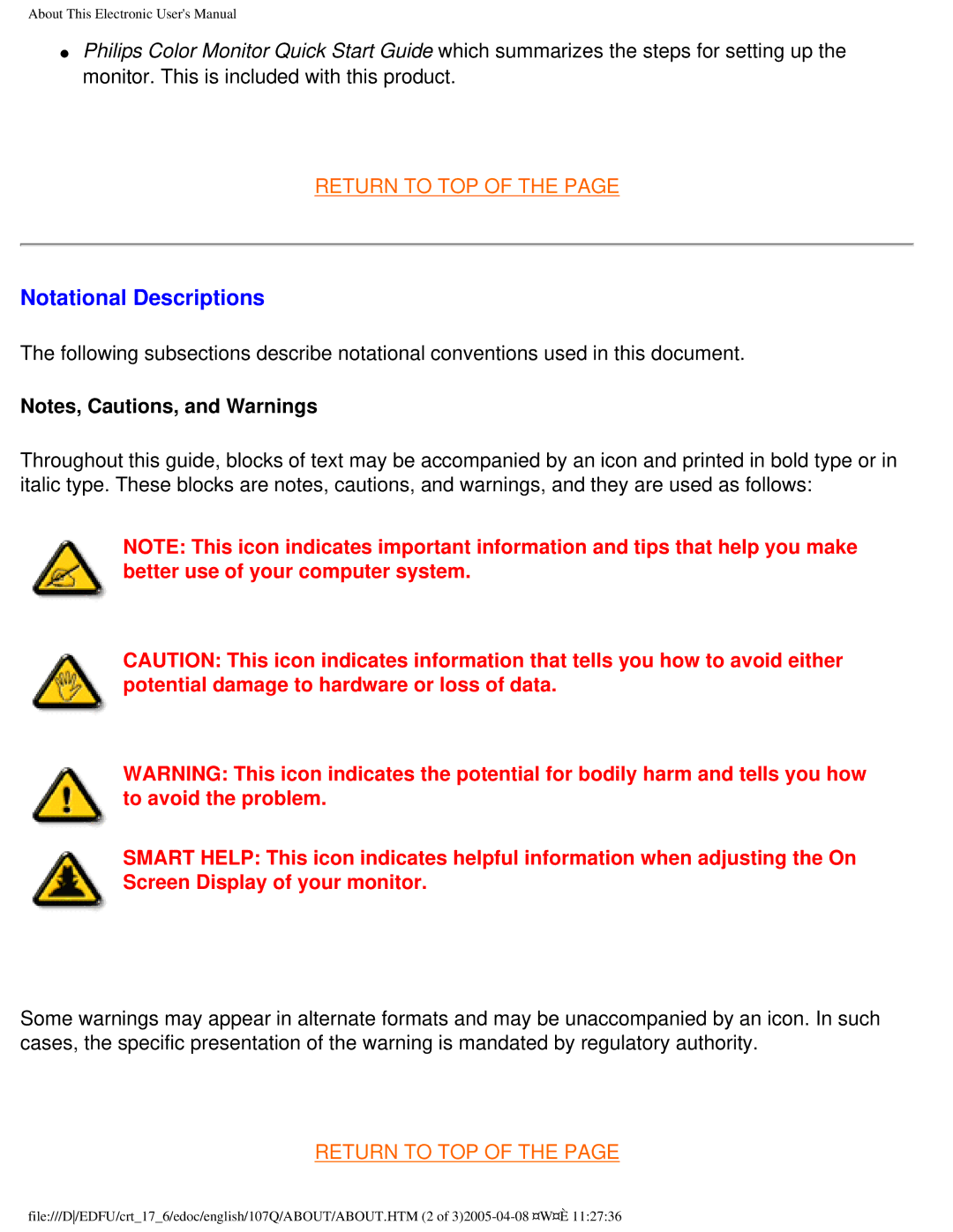 Philips 107Q user manual Notational Descriptions 