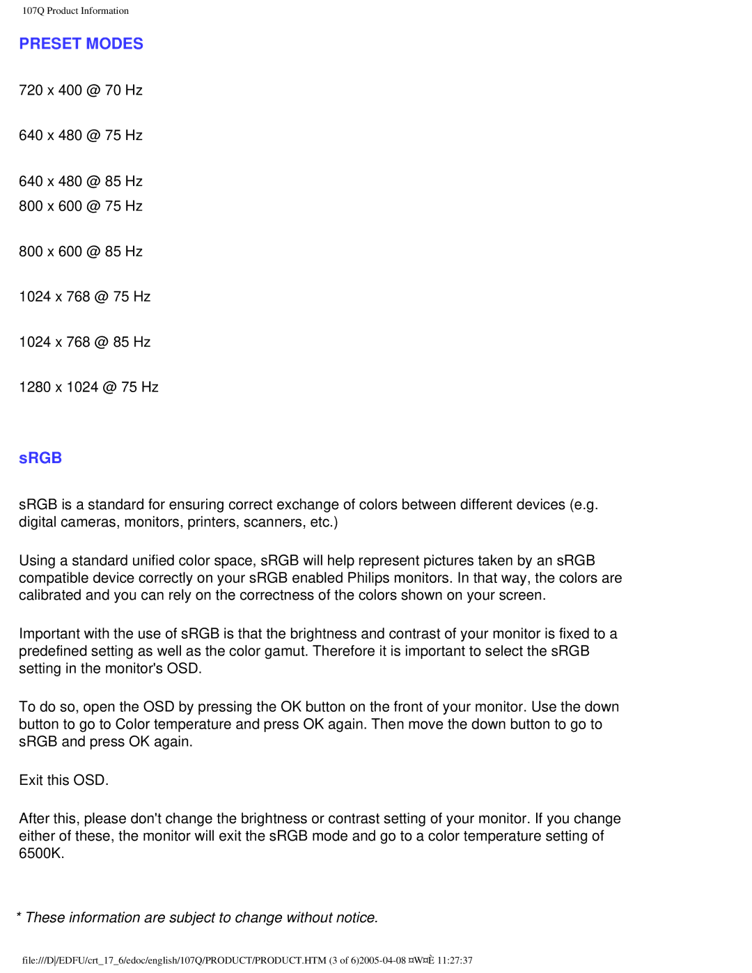 Philips 107Q user manual Preset Modes 