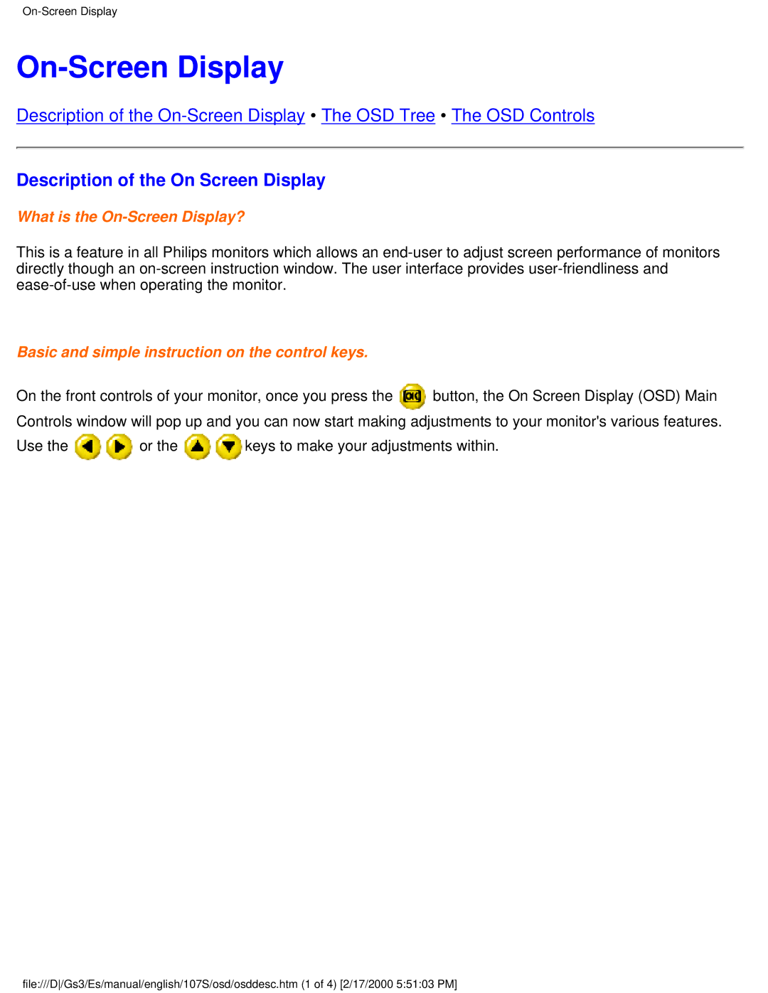 Philips 107S user manual On-Screen Display, Description of the On Screen Display 