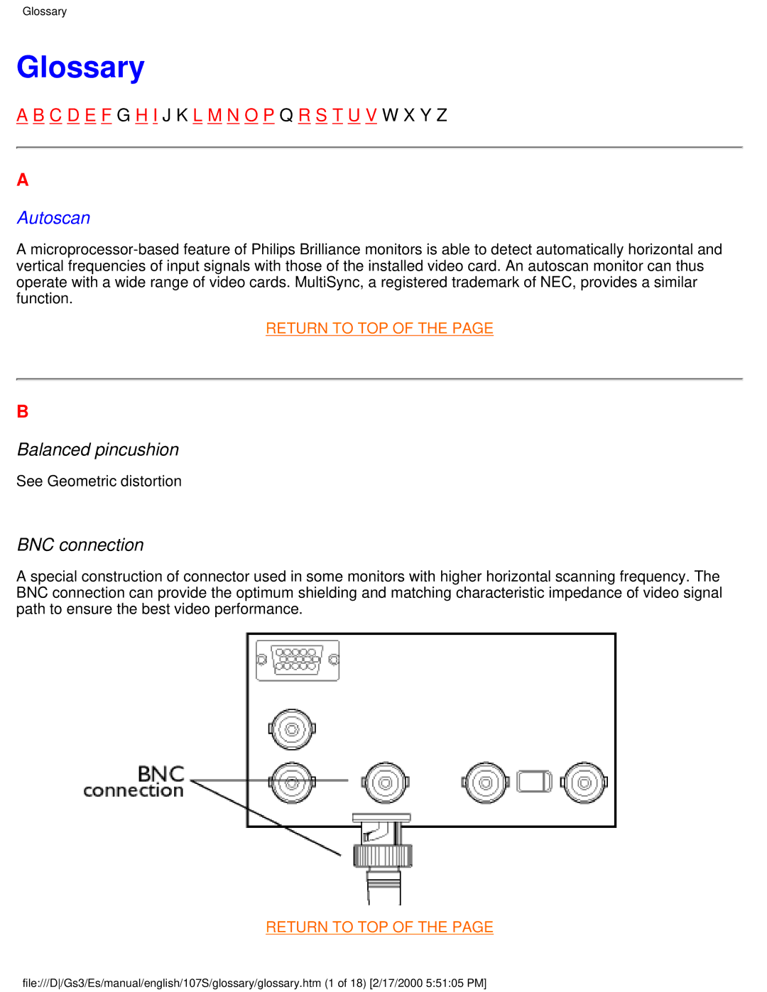 Philips 107S user manual Glossary, Balanced pincushion, BNC connection 