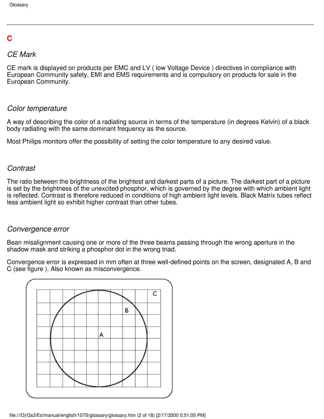 Philips 107S user manual CE Mark, Color temperature, Contrast, Convergence error 