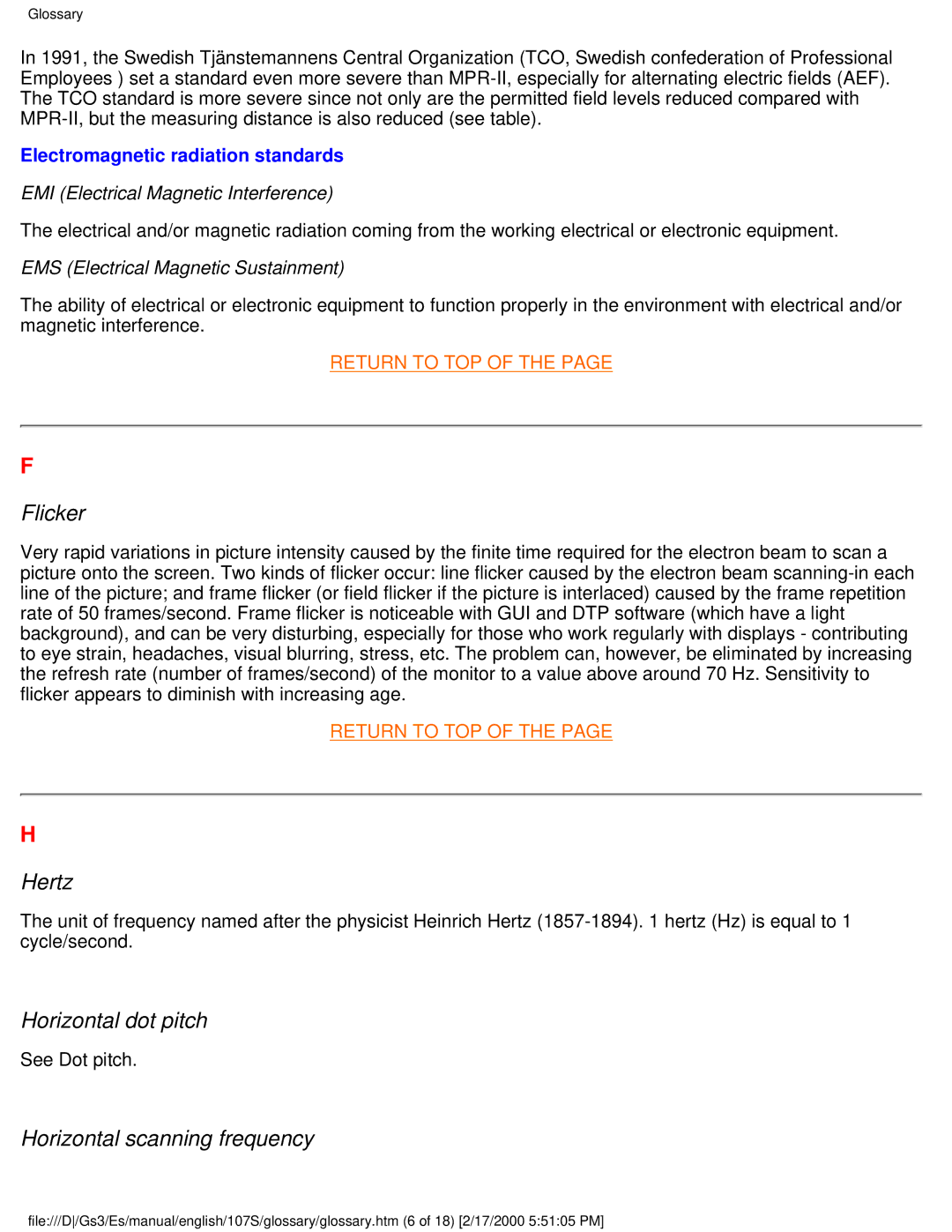 Philips 107S user manual Flicker, Hertz, Horizontal dot pitch, Horizontal scanning frequency 