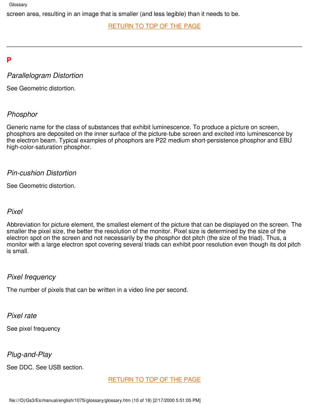 Philips 107S Parallelogram Distortion, Phosphor, Pin-cushion Distortion, Pixel frequency, Pixel rate, Plug-and-Play 