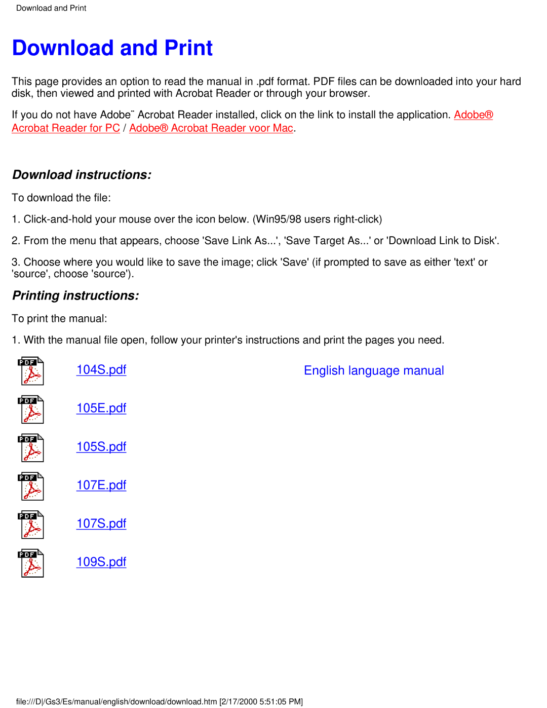 Philips 107S user manual Download and Print, Download instructions 