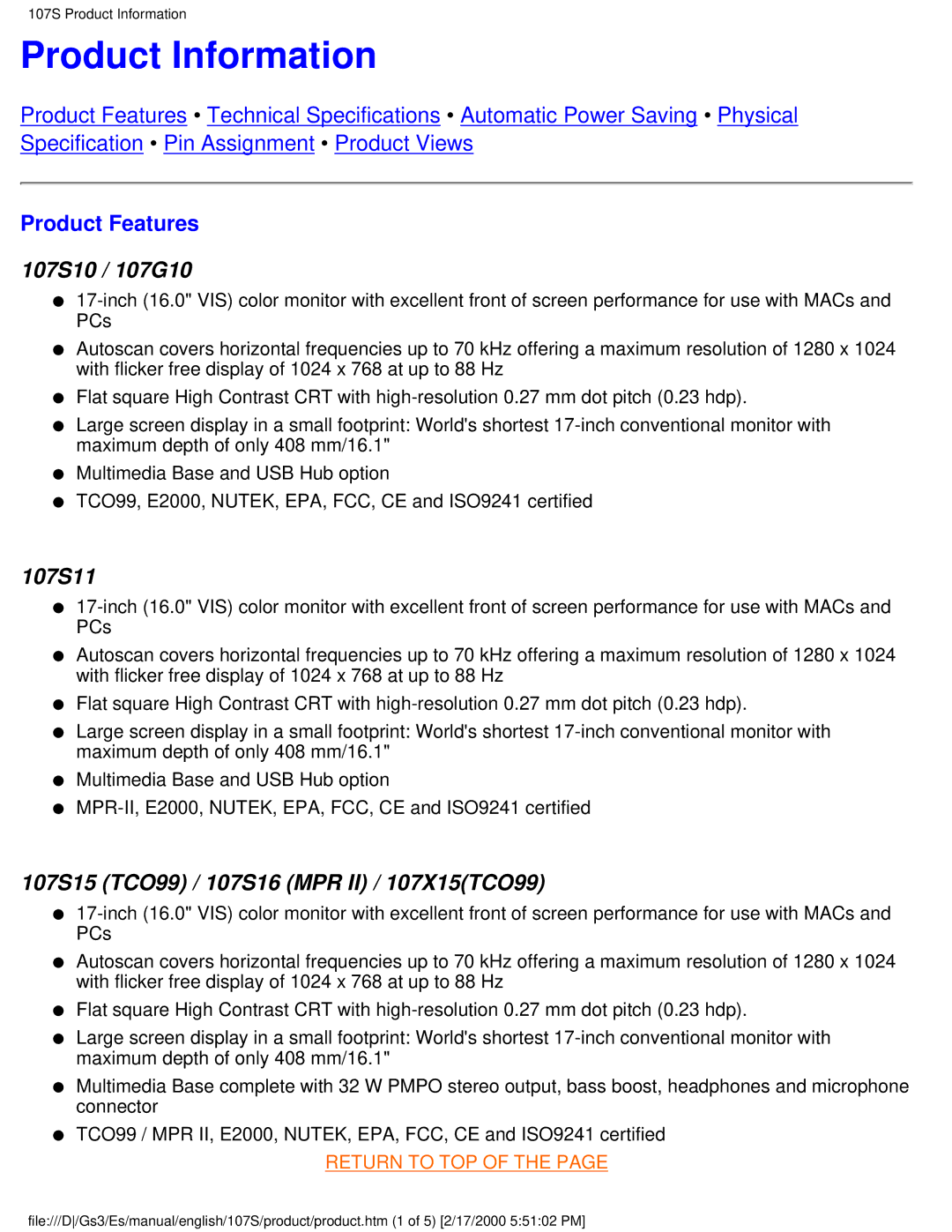 Philips 107S user manual Product Information, Product Features 