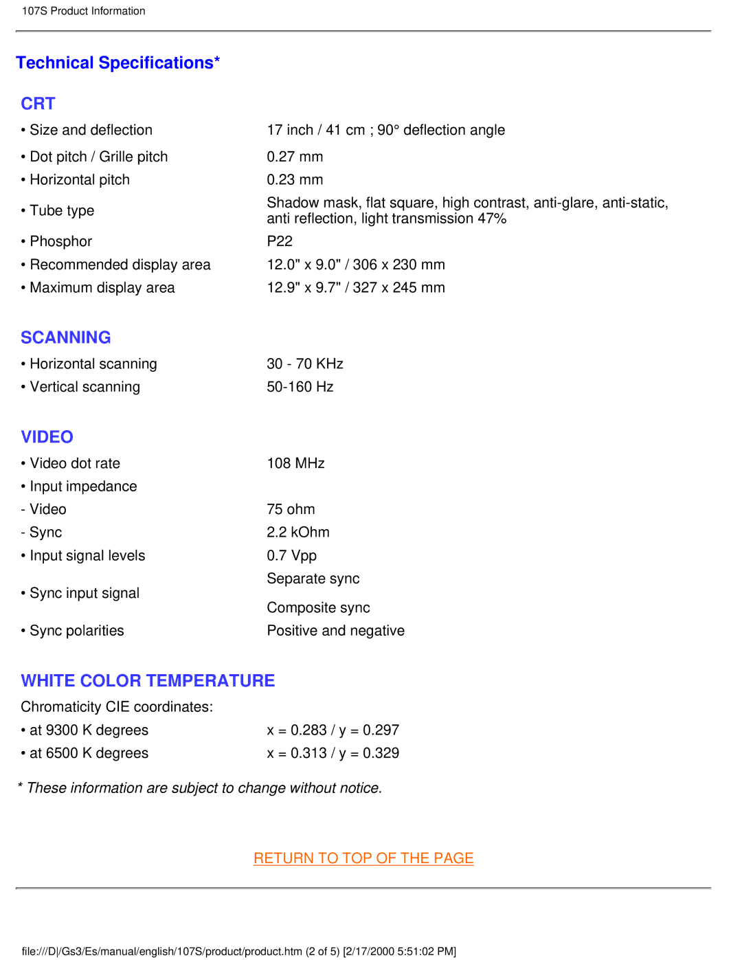 Philips 107S user manual Technical Specifications, Crt 