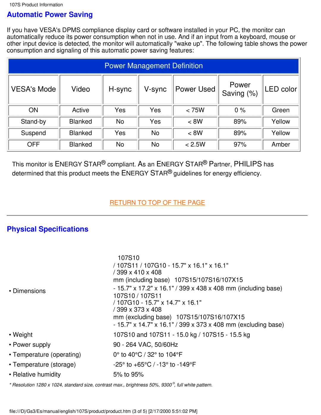 Philips 107S user manual Automatic Power Saving, Physical Specifications 