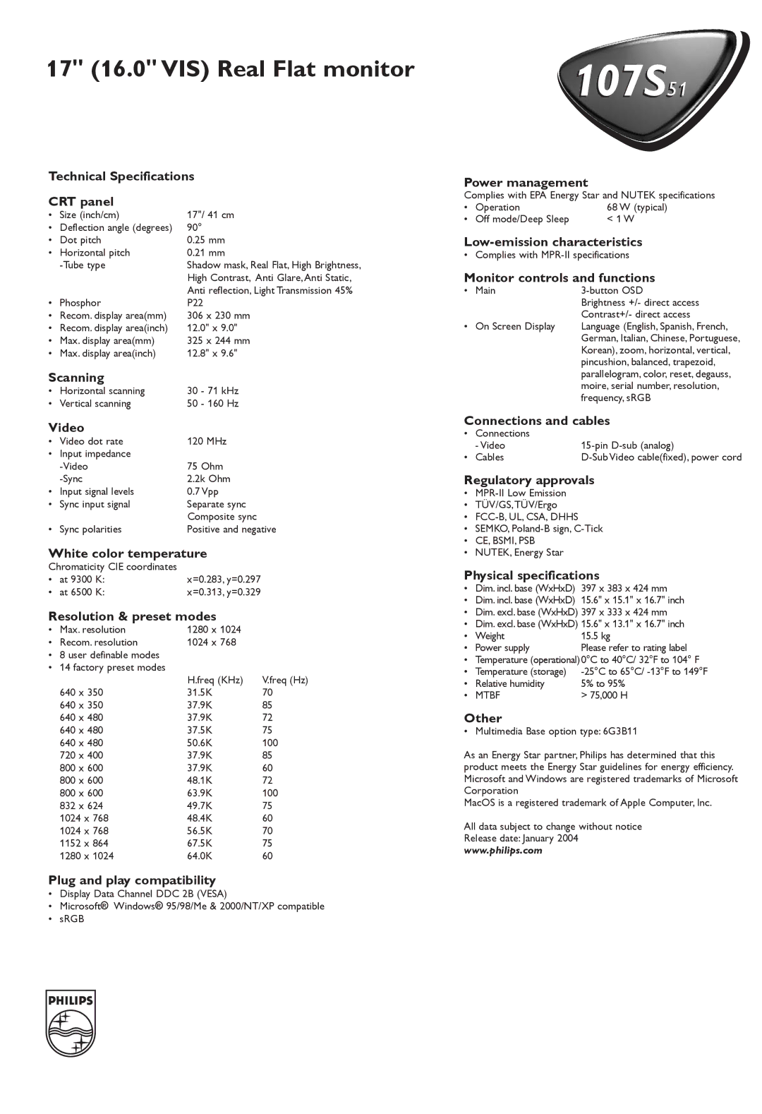 Philips 107S51 Technical Specifications CRT panel, Scanning, Video, White color temperature, Resolution & preset modes 