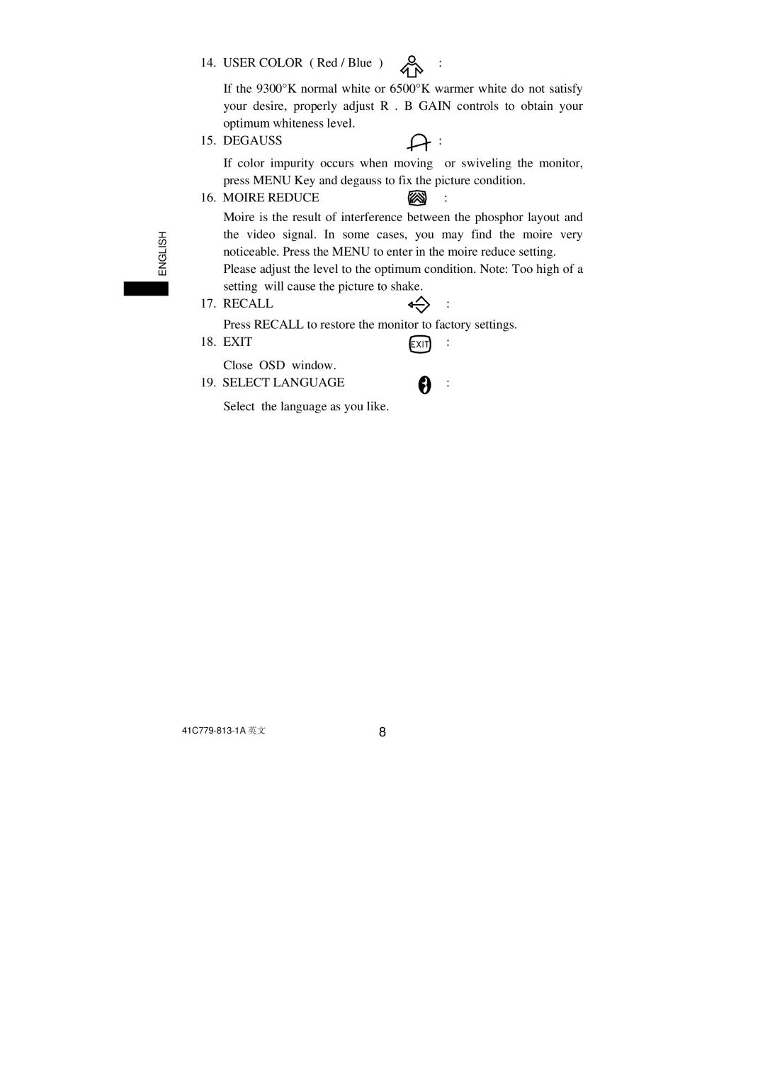 Philips 107S63, 107S61 user manual Degauss, Moire Reduce, Recall, Select Language 