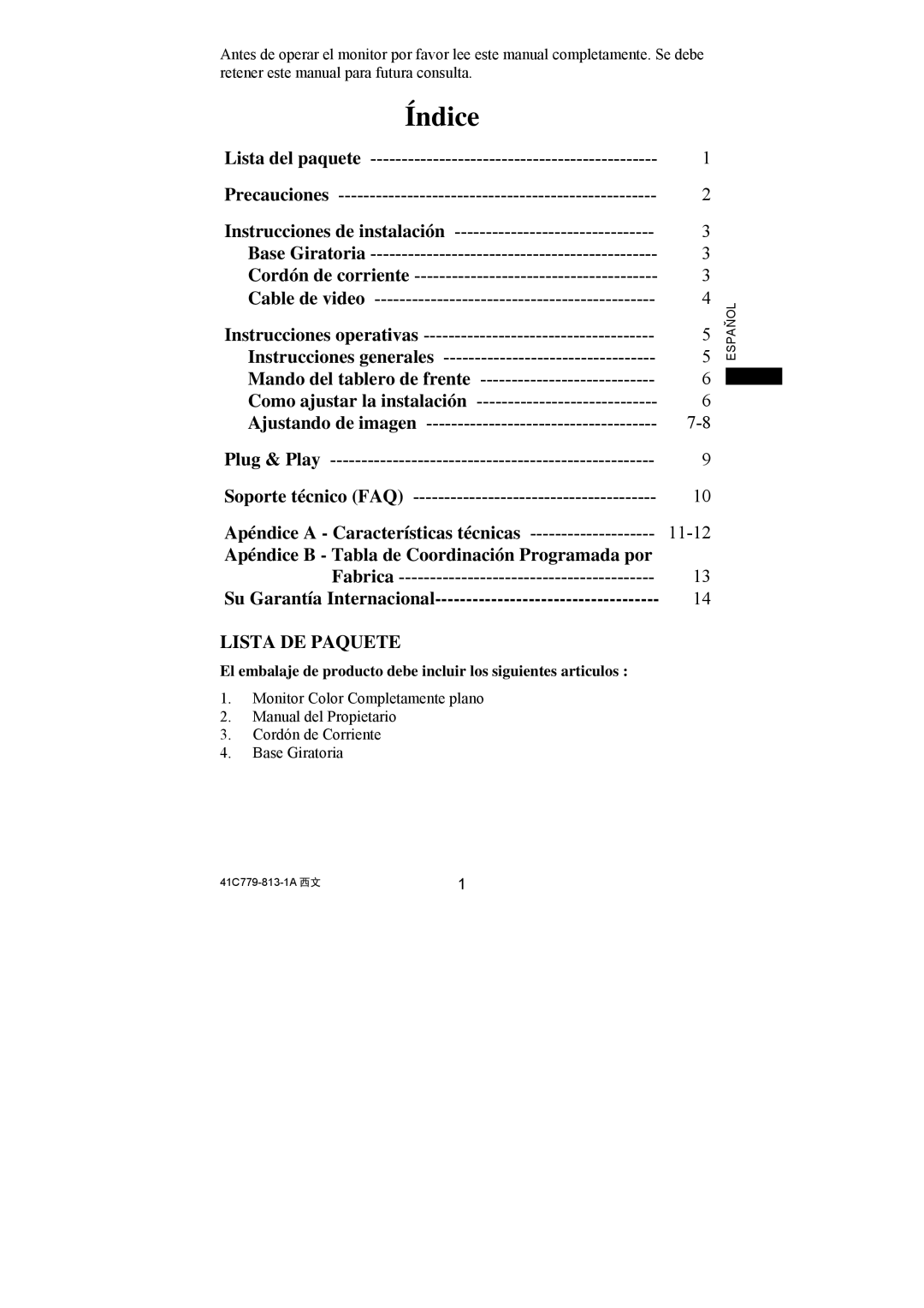 Philips 107S61 Apéndice a Características técnicas, Apéndice B Tabla de Coordinación Programada por, Lista DE Paquete 