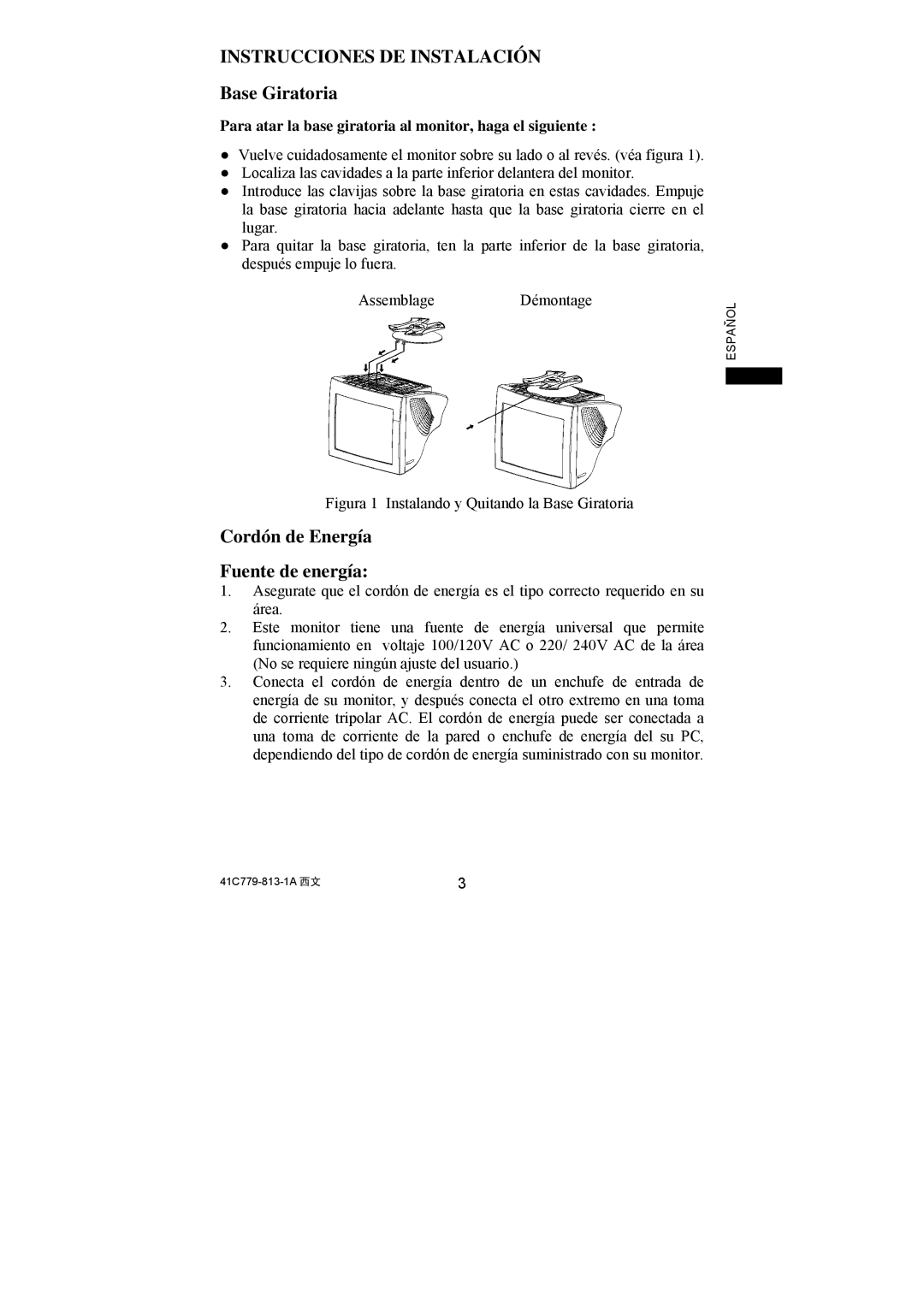 Philips 107S61, 107S63 user manual Instrucciones DE Instalación, Base Giratoria, Cordón de Energía Fuente de energía 