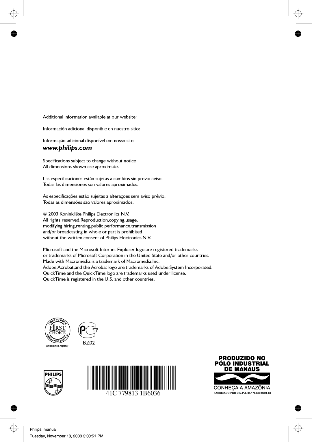 Philips 107S63, 107S61 user manual 41C 779813 1B6036 