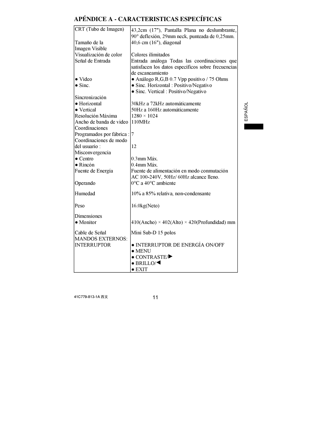 Philips 107S61, 107S63 user manual Apéndice a Caracteristicas Específicas 