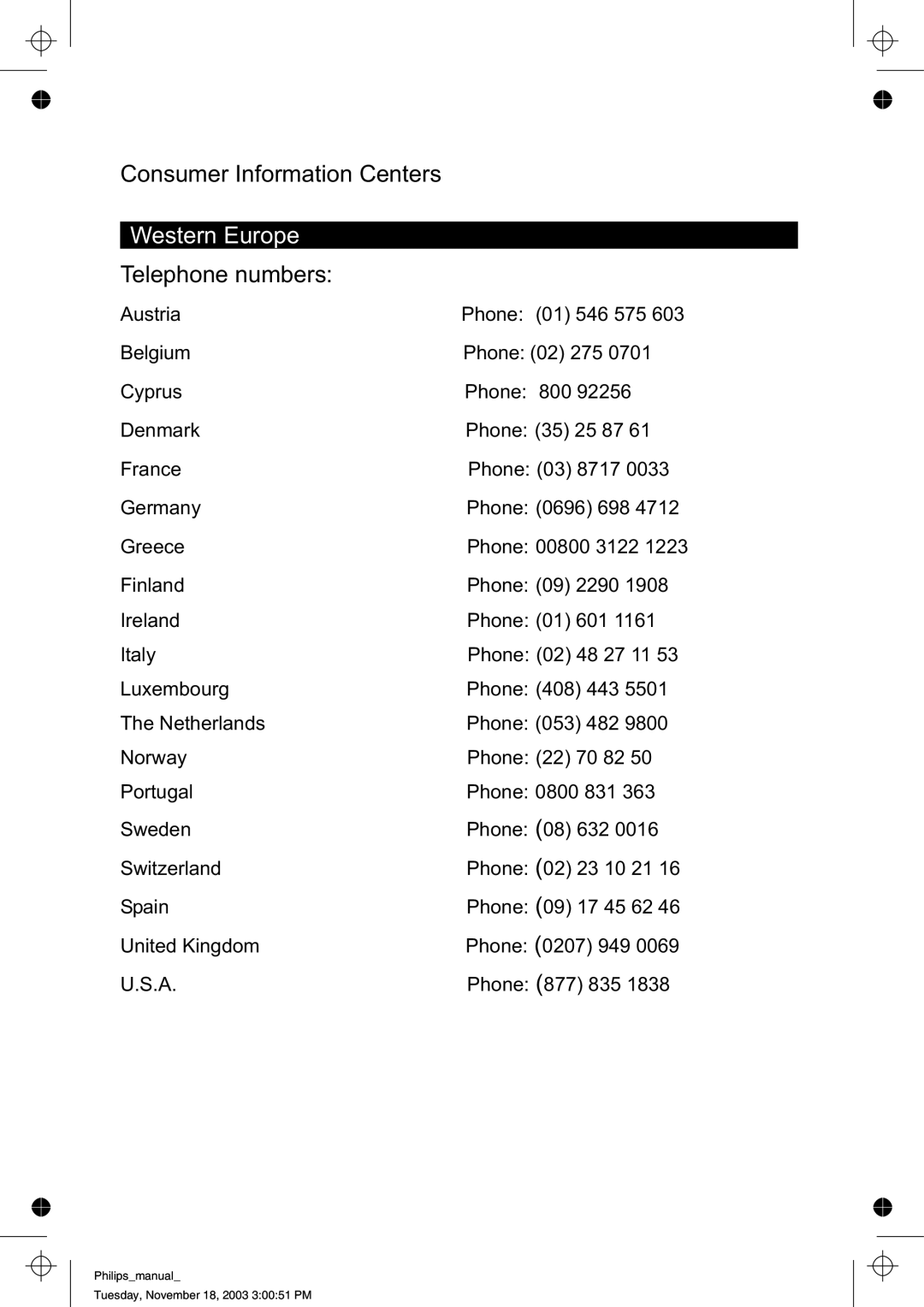 Philips 107S61, 107S63 user manual Western Europe 