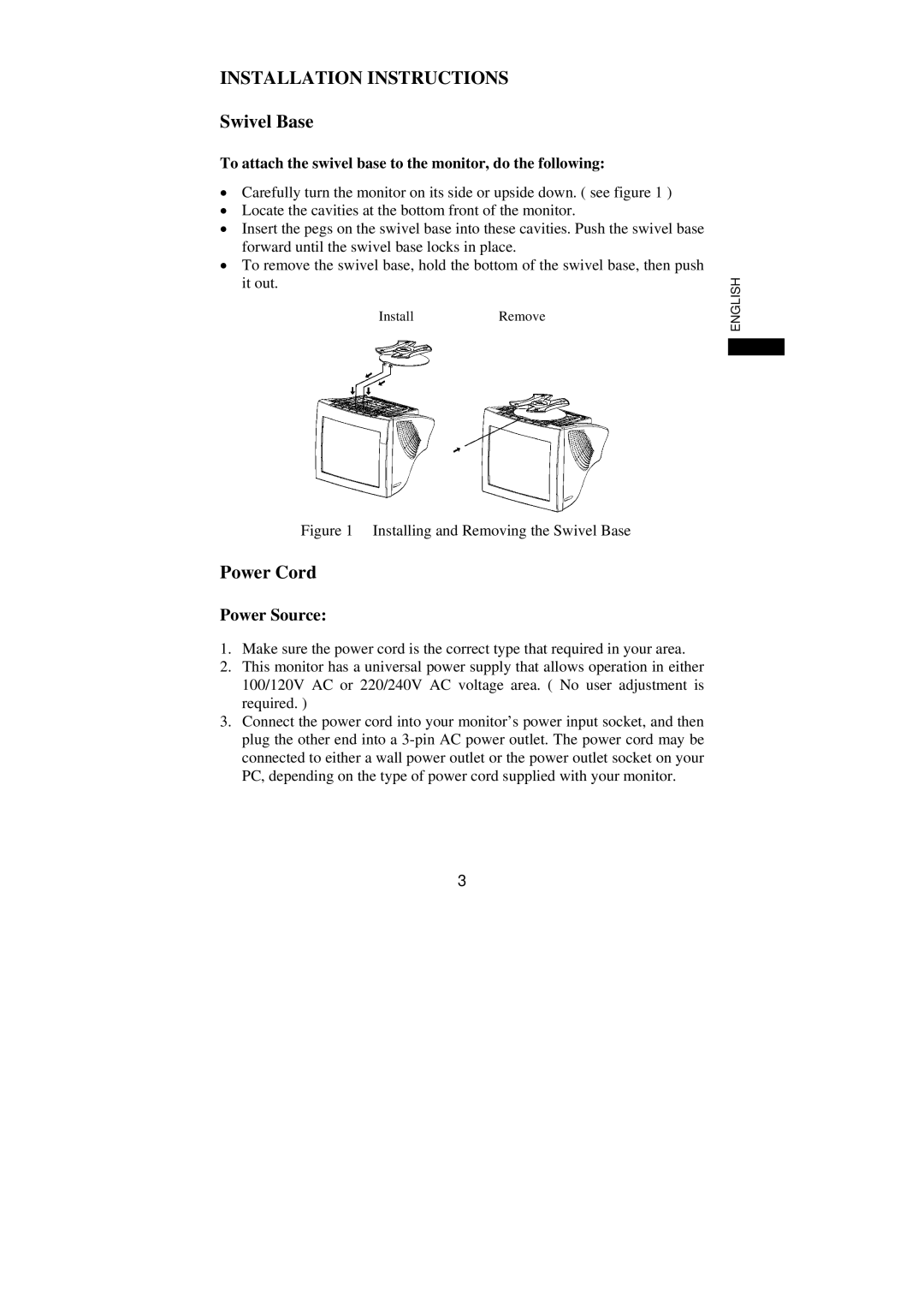 Philips 107S61, 107S63 user manual Installation Instructions, Swivel Base, Power Cord 