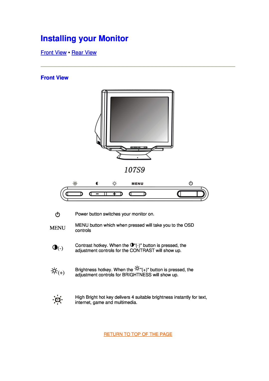 Philips 107S9 manual Installing your Monitor, Front View Rear View, Return To Top Of The Page, Menu 