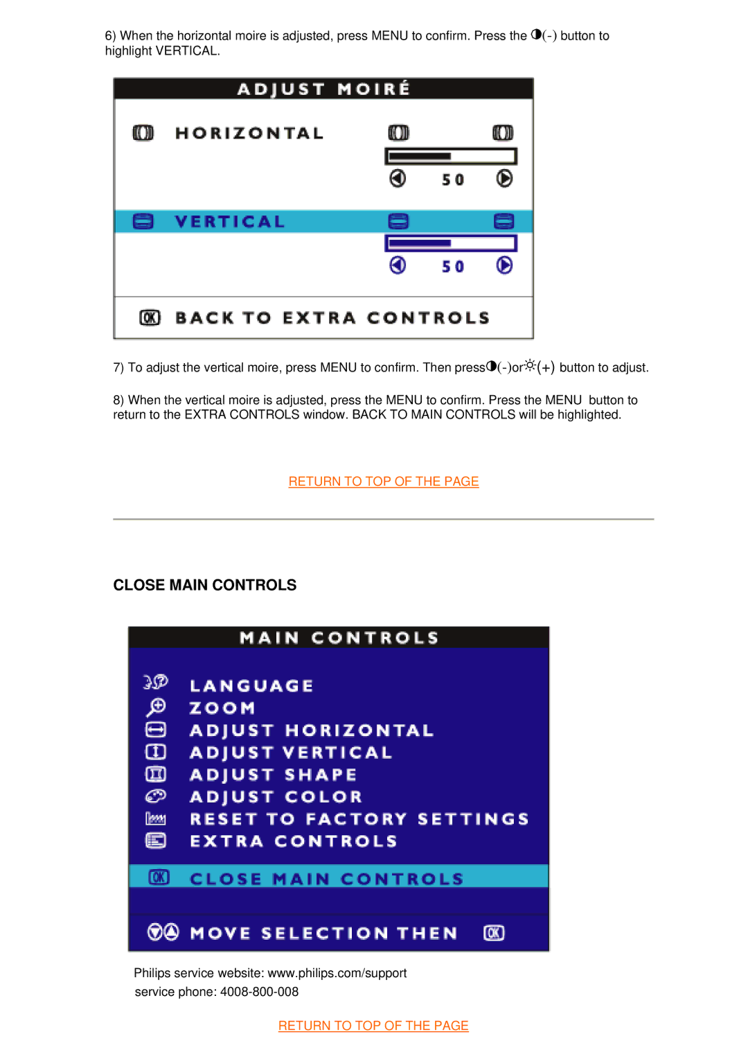 Philips 107S9 manual Close Main Controls 