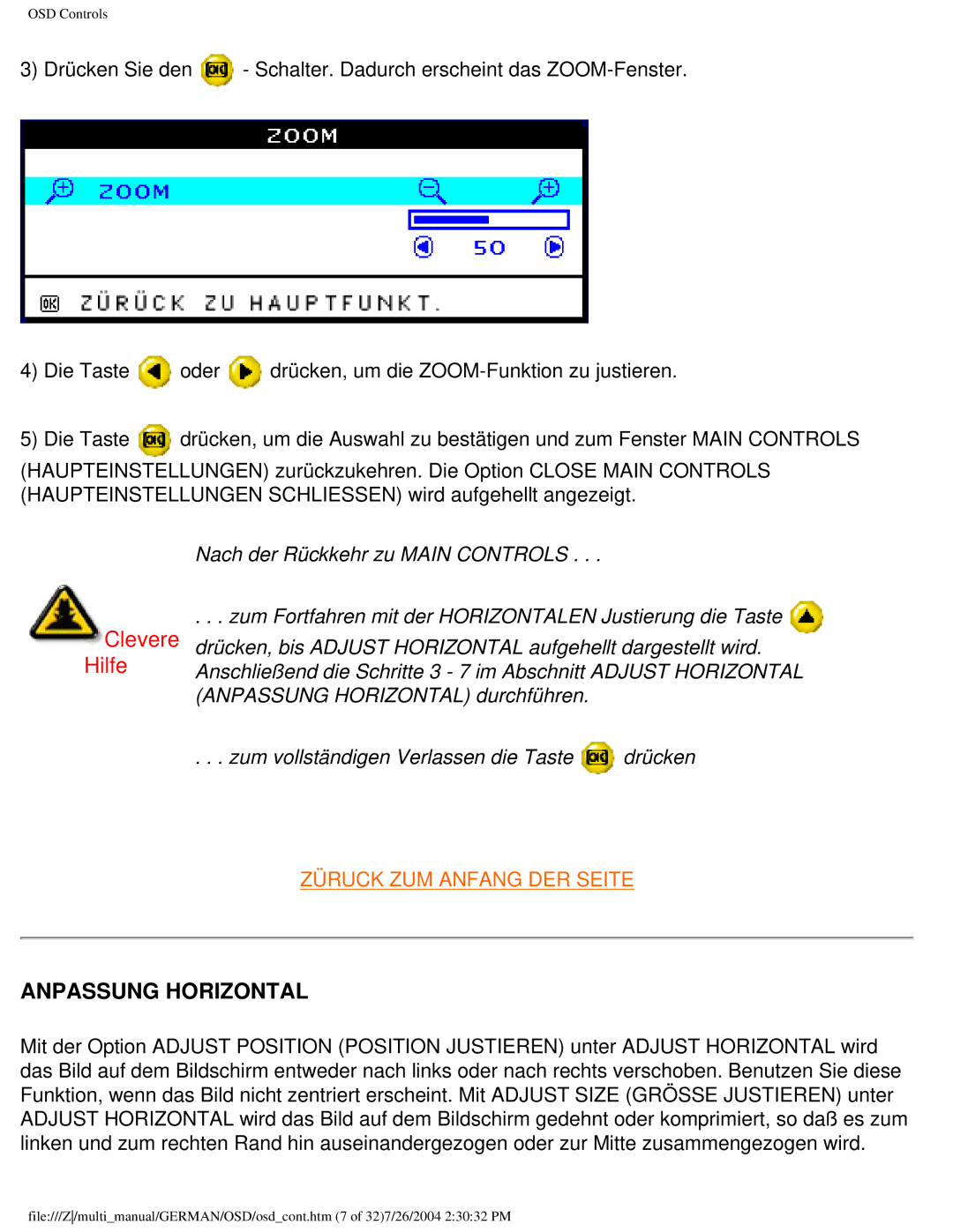 Philips 107T user manual Anpassung Horizontal 