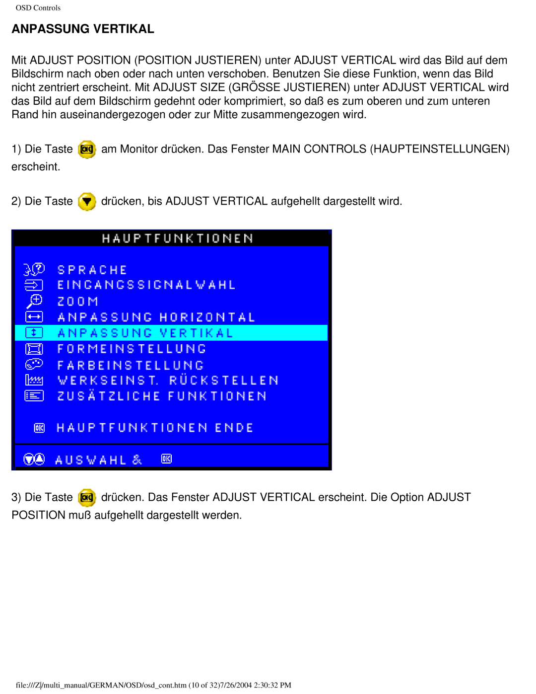 Philips 107T user manual Anpassung Vertikal 