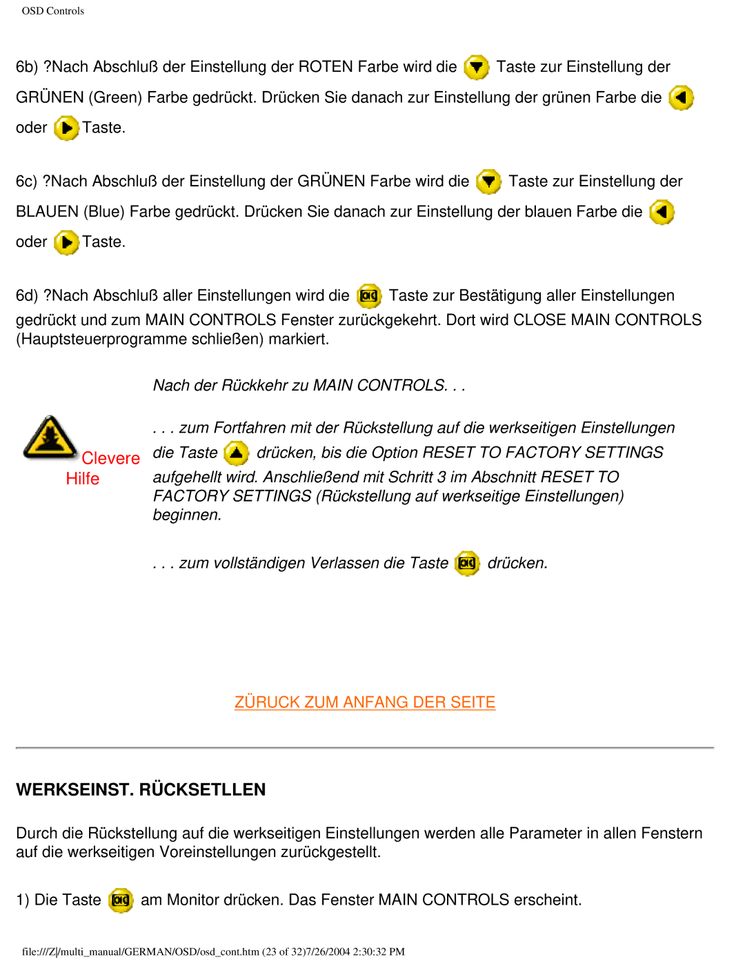 Philips 107T user manual WERKSEINST. Rücksetllen 