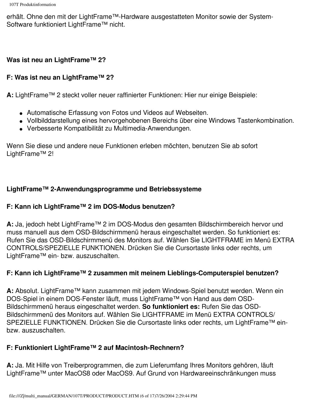 Philips 107T user manual Was ist neu an LightFrame 2?, Funktioniert LightFrame 2 auf Macintosh-Rechnern? 