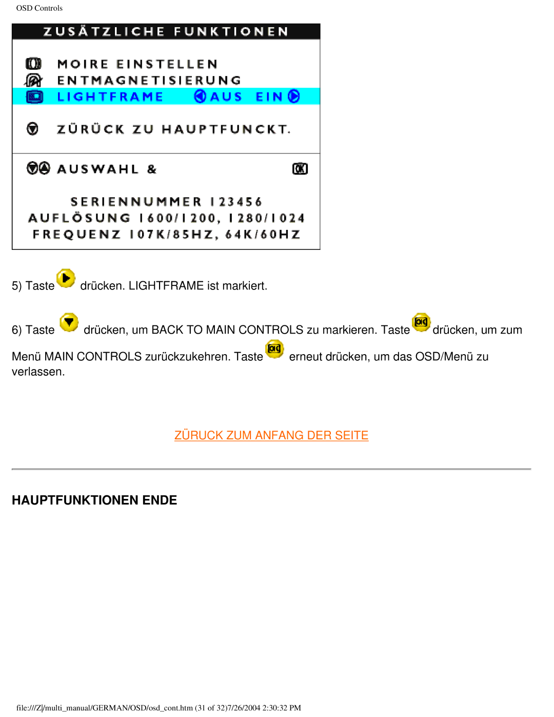 Philips 107T user manual Hauptfunktionen Ende 