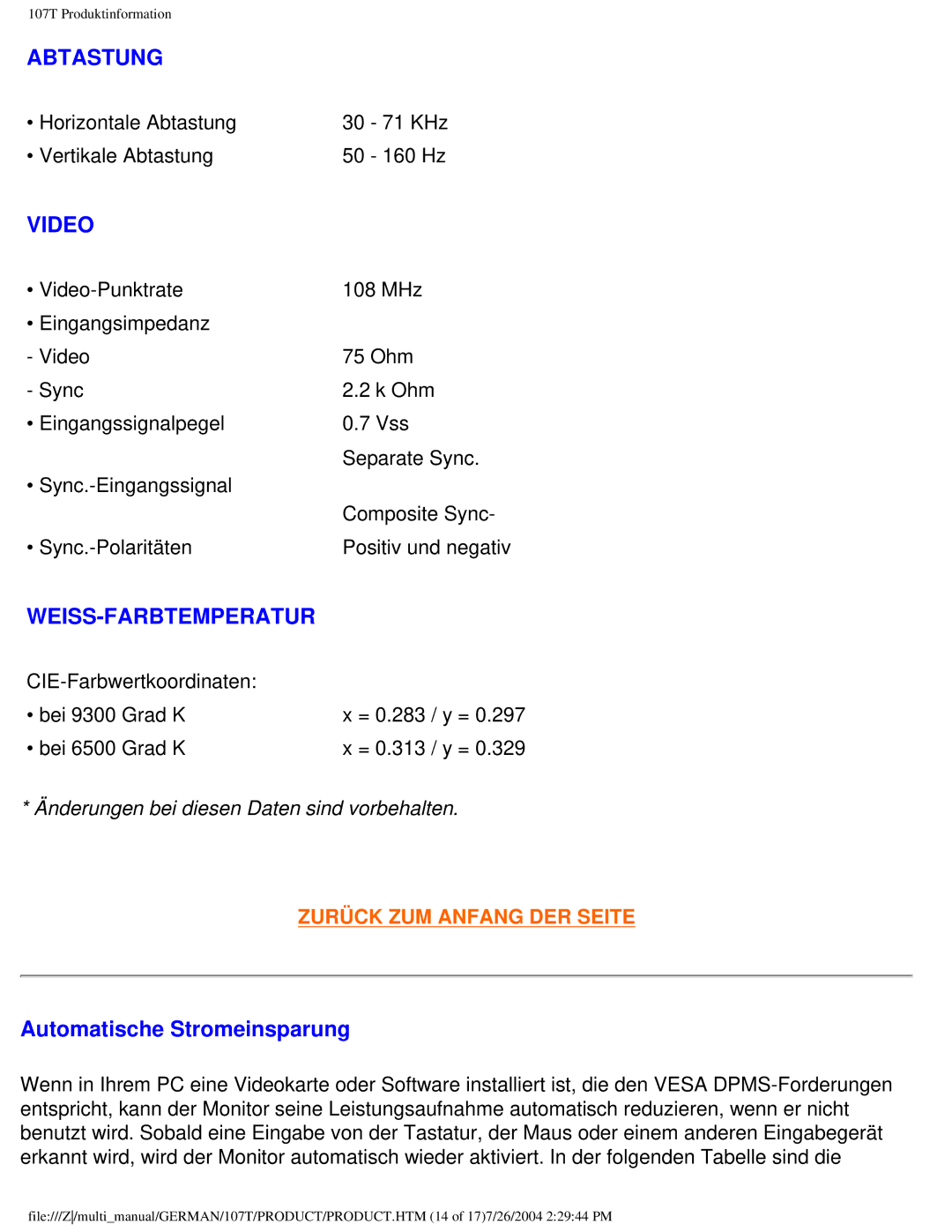 Philips 107T user manual Video, Automatische Stromeinsparung 