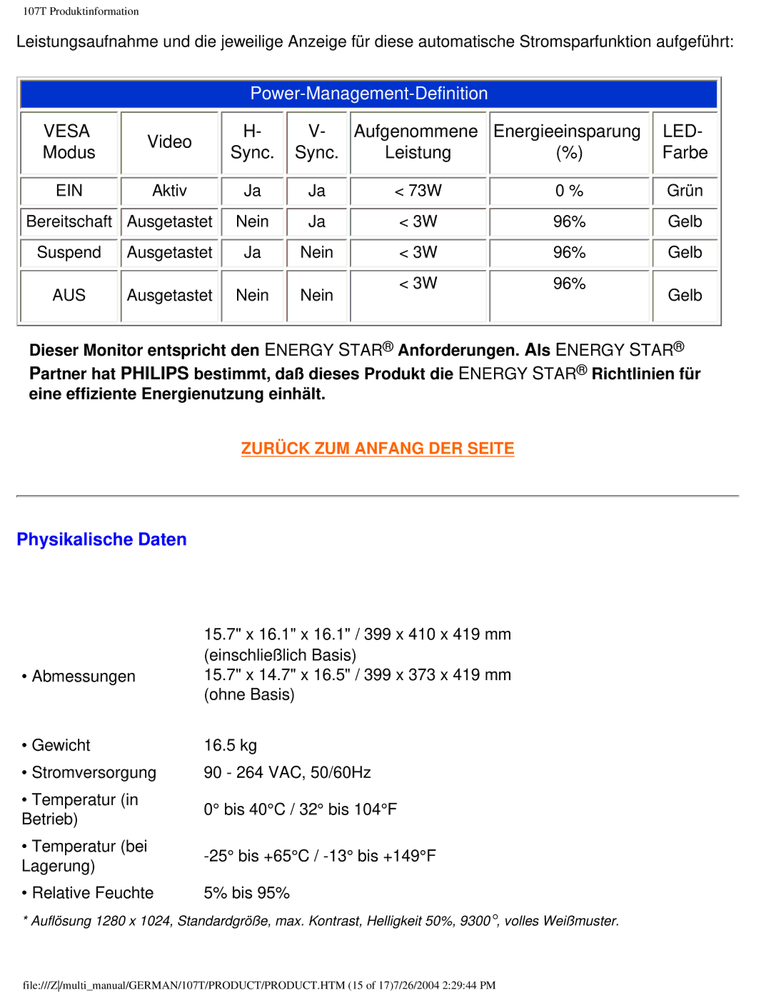 Philips 107T user manual Power-Management-Definition, Physikalische Daten 