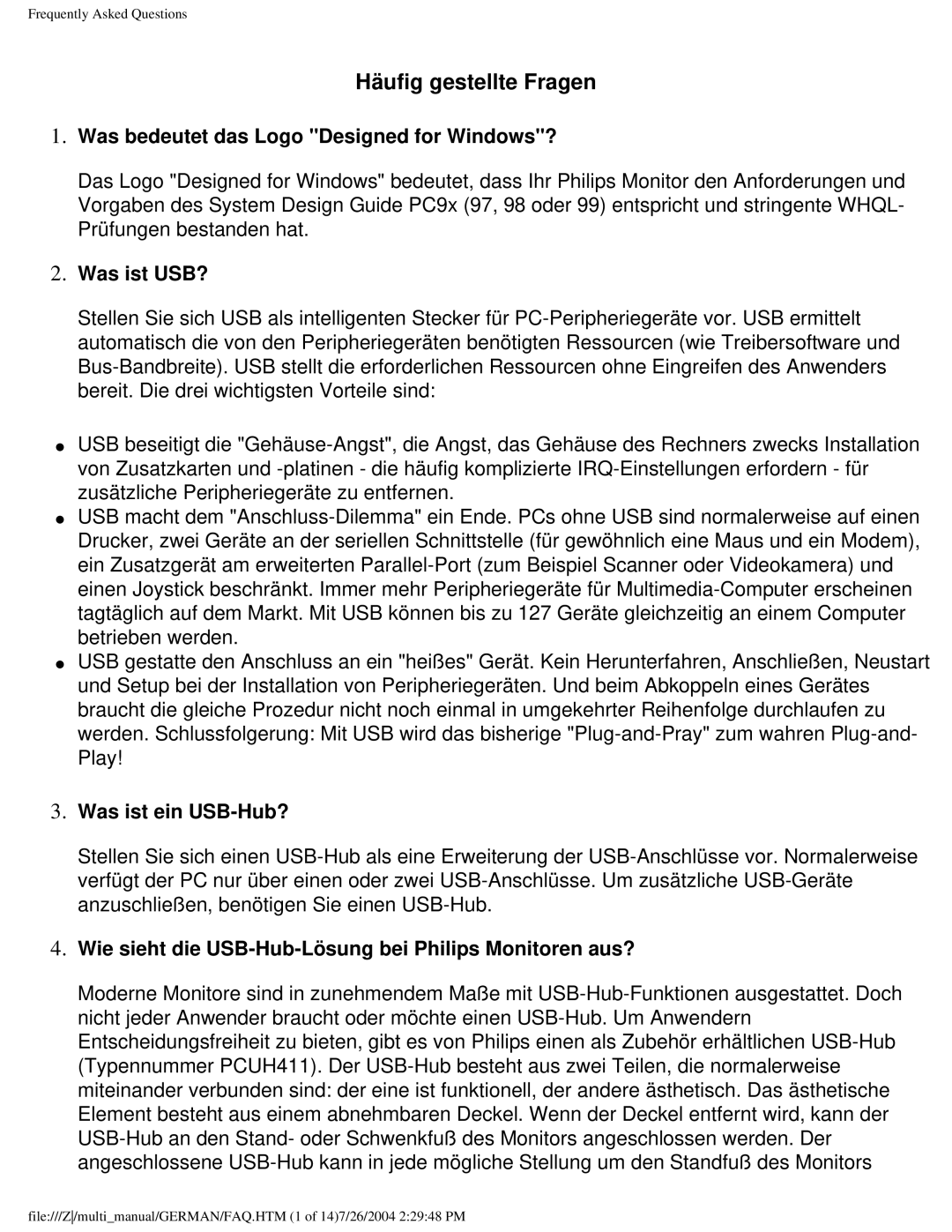 Philips 107T user manual Was bedeutet das Logo Designed for Windows?, Was ist USB?, Was ist ein USB-Hub? 