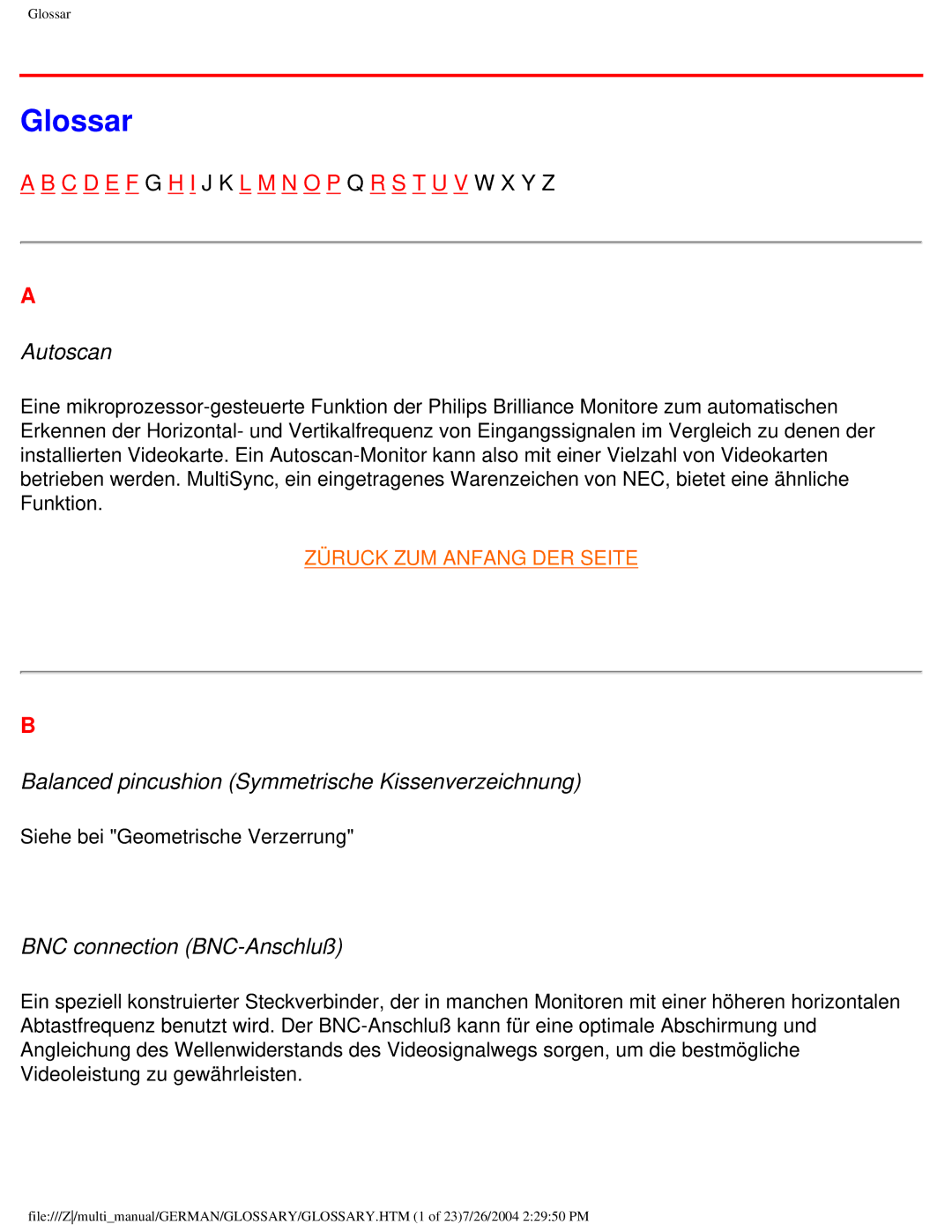 Philips 107T Glossar, Autoscan, Balanced pincushion Symmetrische Kissenverzeichnung, BNC connection BNC-Anschluß 