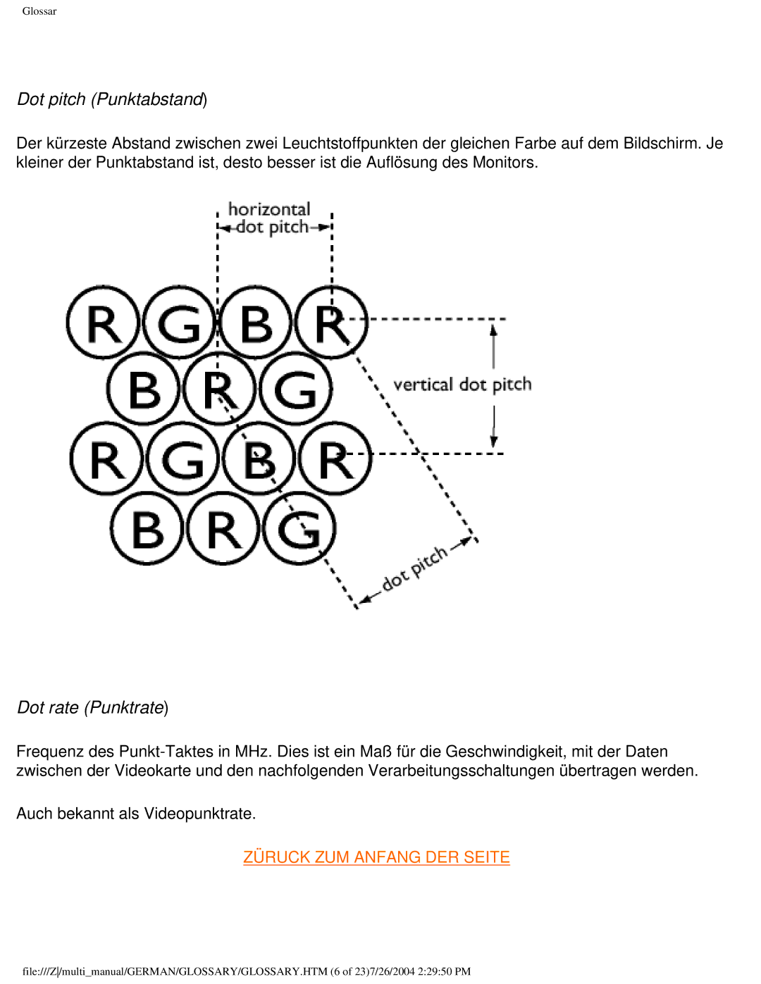 Philips 107T user manual Dot pitch Punktabstand, Dot rate Punktrate 