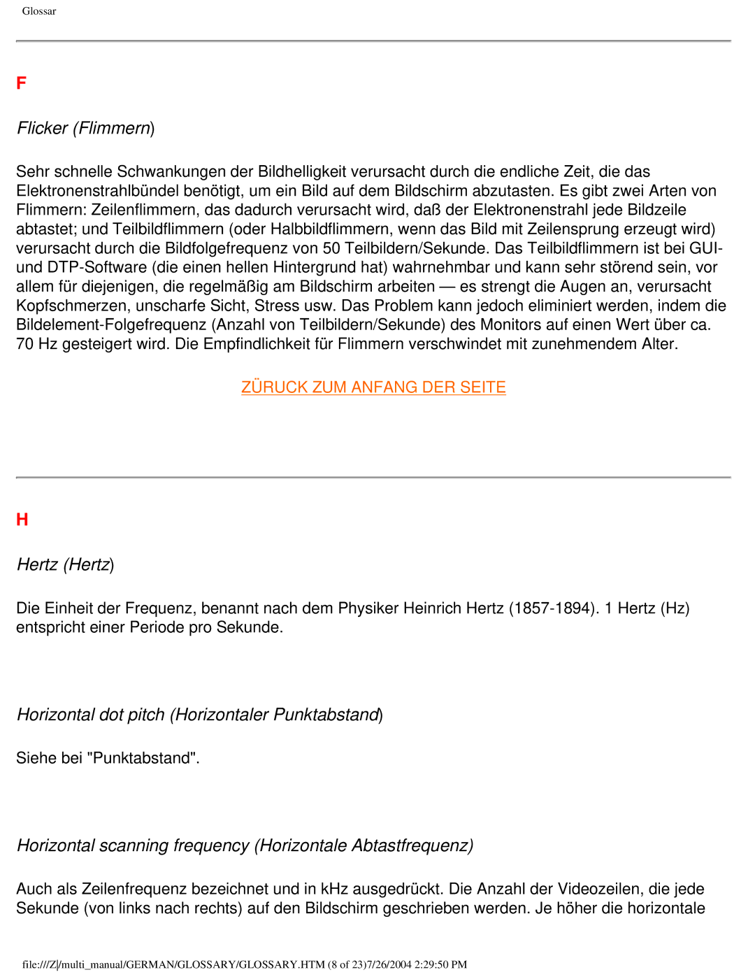 Philips 107T user manual Flicker Flimmern, Hertz Hertz, Horizontal dot pitch Horizontaler Punktabstand 