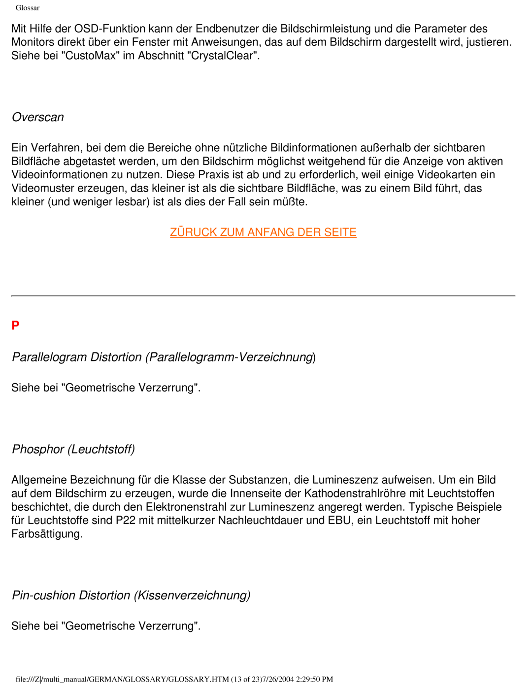 Philips 107T user manual Overscan, Parallelogram Distortion Parallelogramm-Verzeichnung, Phosphor Leuchtstoff 