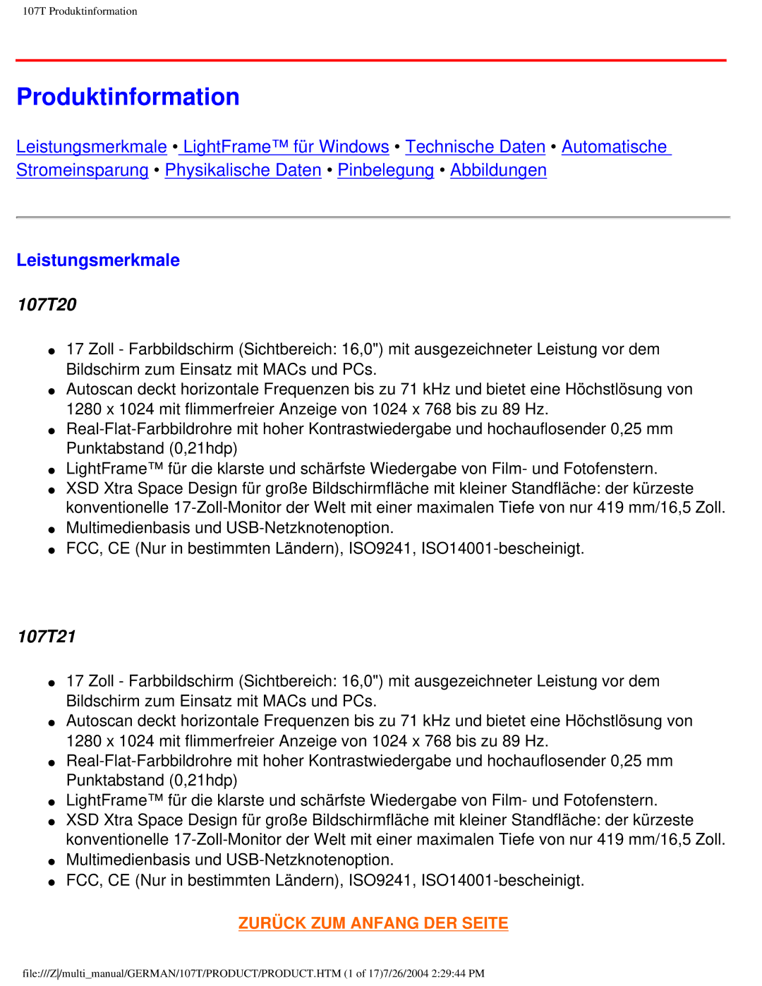 Philips 107T user manual Produktinformation, Leistungsmerkmale 