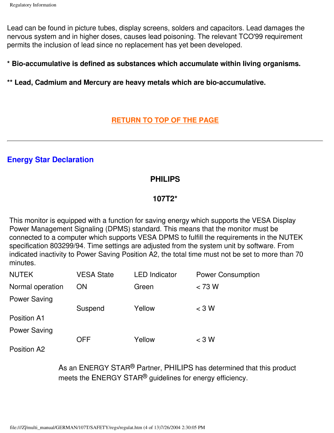 Philips 107T user manual Energy Star Declaration, Philips 