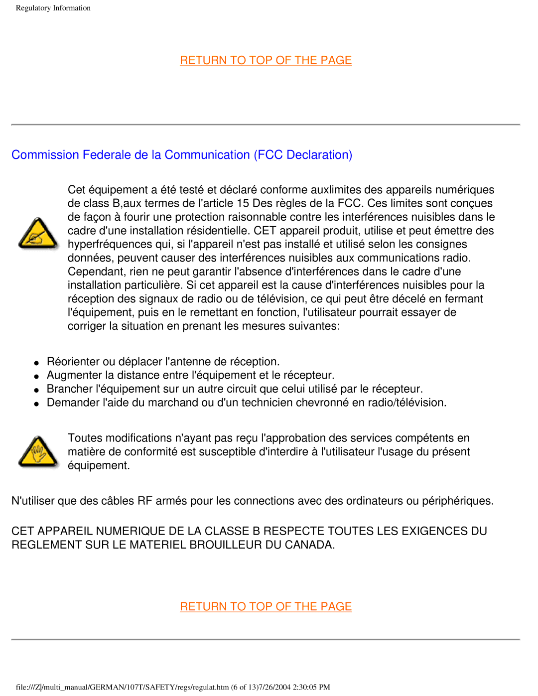 Philips 107T user manual Commission Federale de la Communication FCC Declaration 