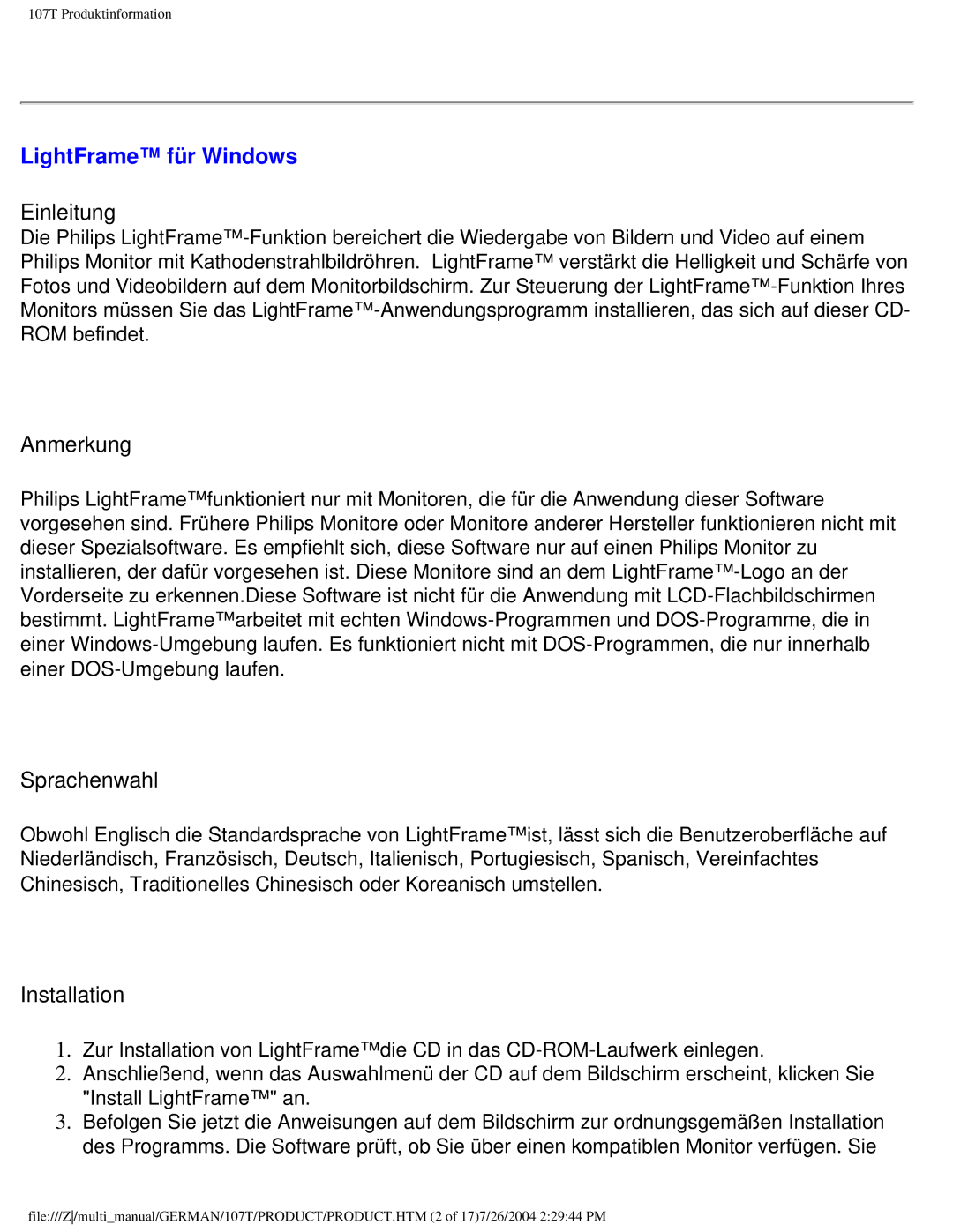 Philips 107T user manual LightFrame für Windows, Einleitung 