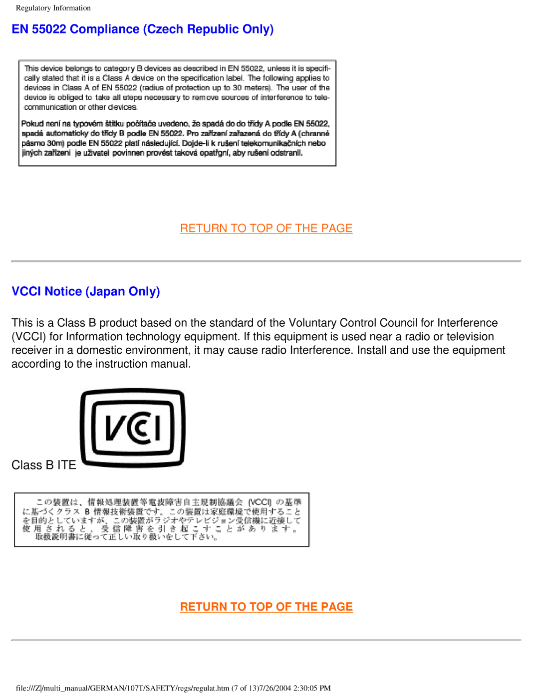 Philips 107T user manual EN 55022 Compliance Czech Republic Only, Vcci Notice Japan Only 