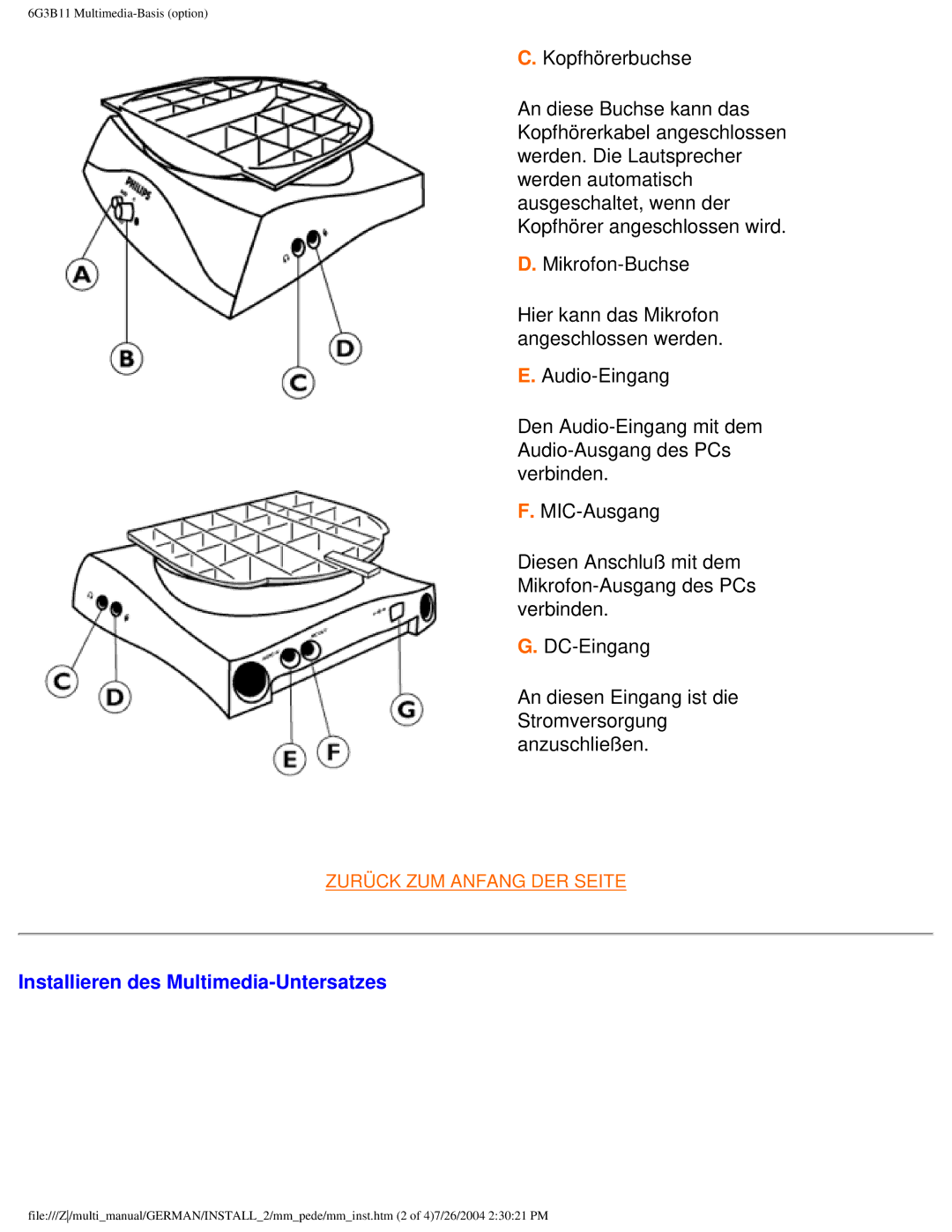 Philips 107T user manual Installieren des Multimedia-Untersatzes 